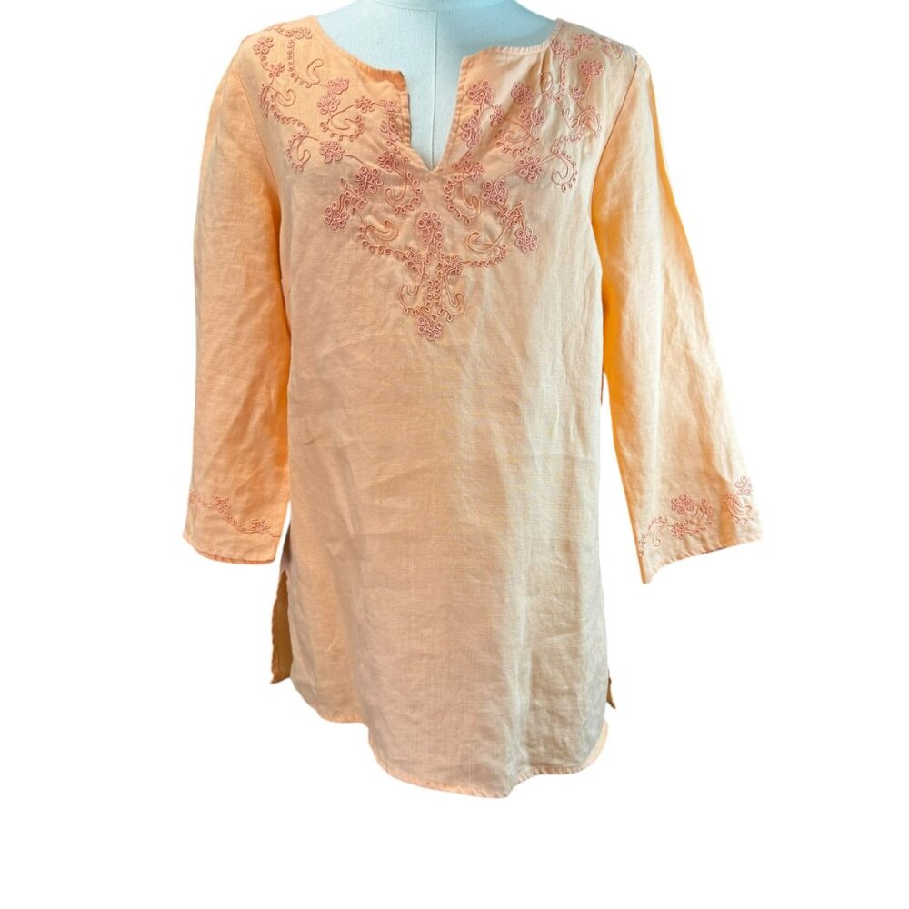 Edward Irish Linen Tunic Top Women’s SZ:M Peach Embroidered Boho 3/4 Sleeve